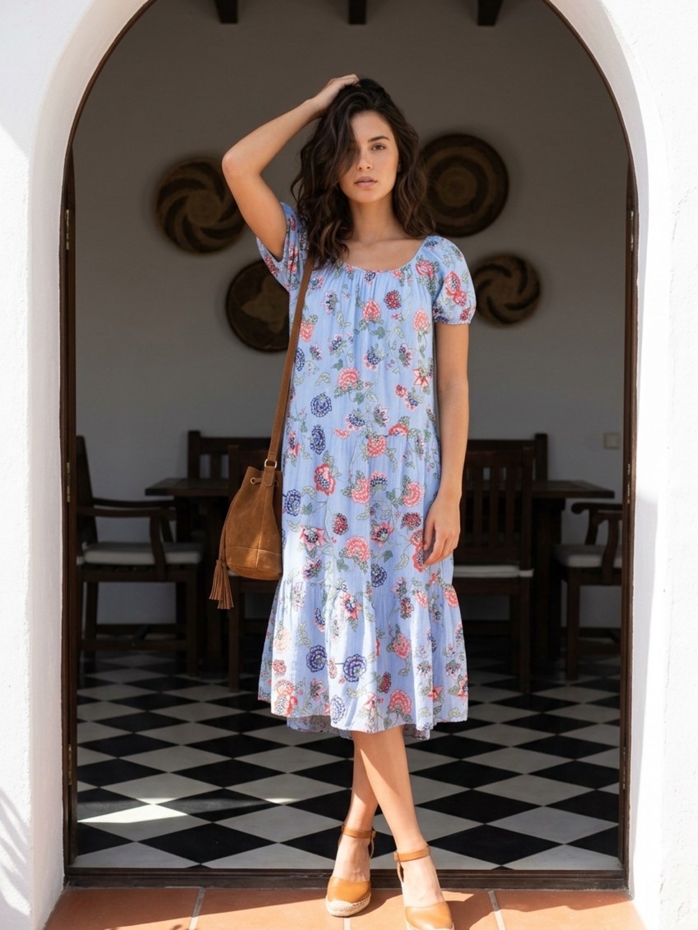 LOFT Light Blue Floral Puff-Sleeve Midi Dress